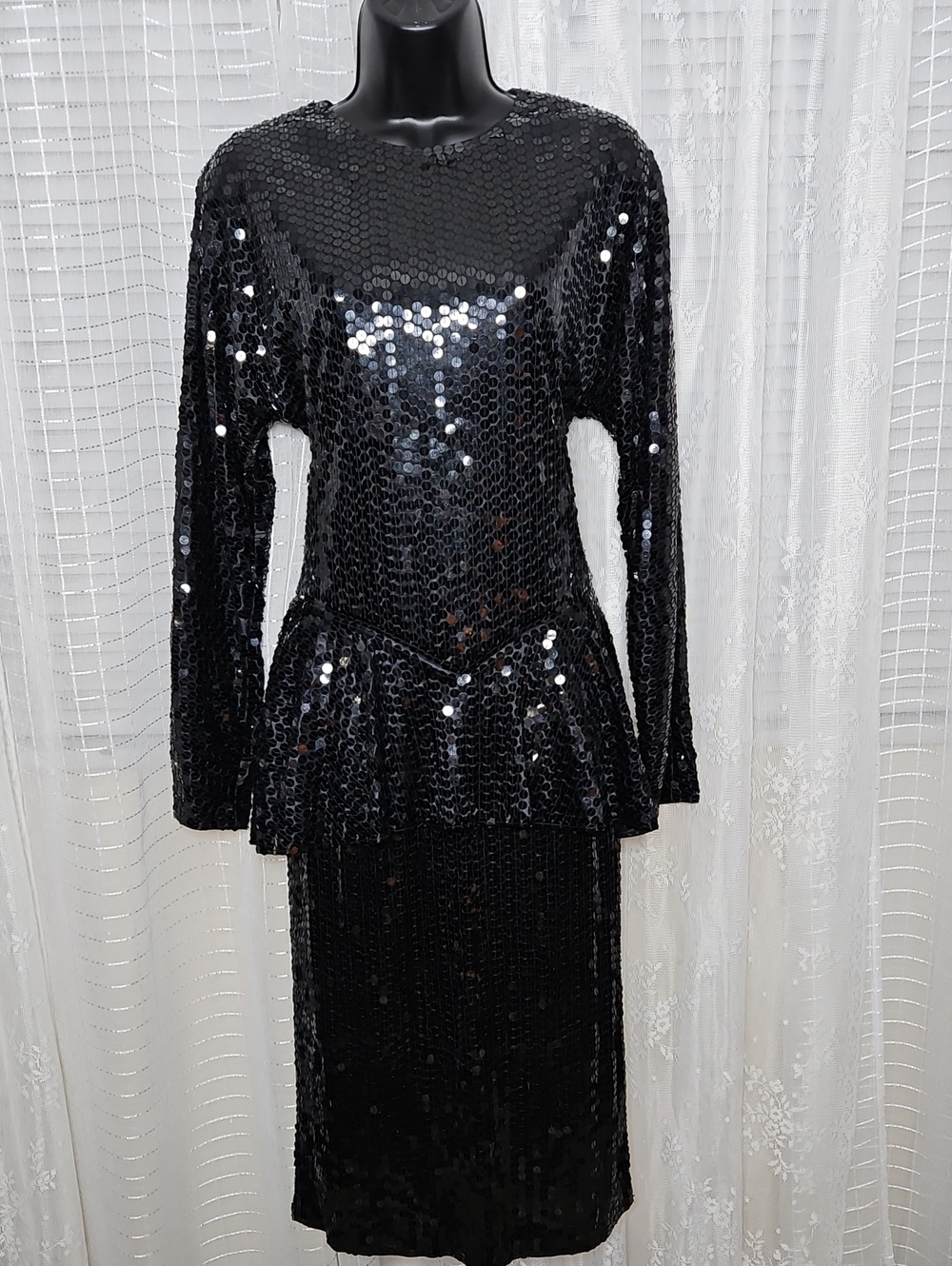 Vintage 1980s Black Sequin Cocktail Dress w/Peplum Punk Rock-Goth Whimsy Sz 10